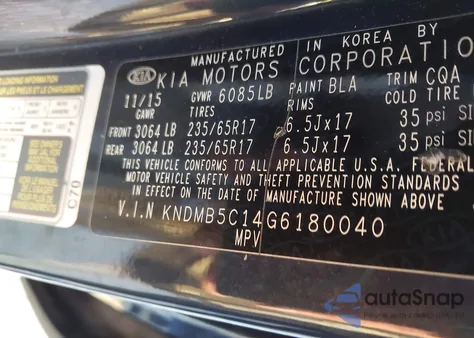2016 Kia Sedona Lx z USA, uszkodzony, nr VIN KNDMB5C14G6180040